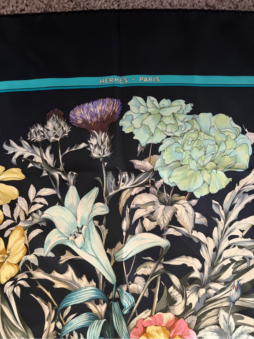 Hermes Floral Silk Scarf in Black with Teal, Mint, Yellow and Purple Accents